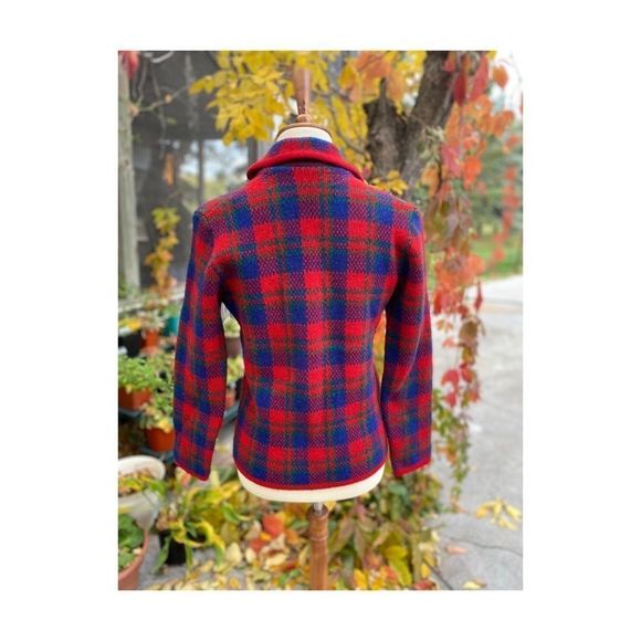 50s 60s Hudson’s Bay Plaid Wool Sweater Metal Crest Buttons Jacket Rare Sz 37 - Picture 4 of 16